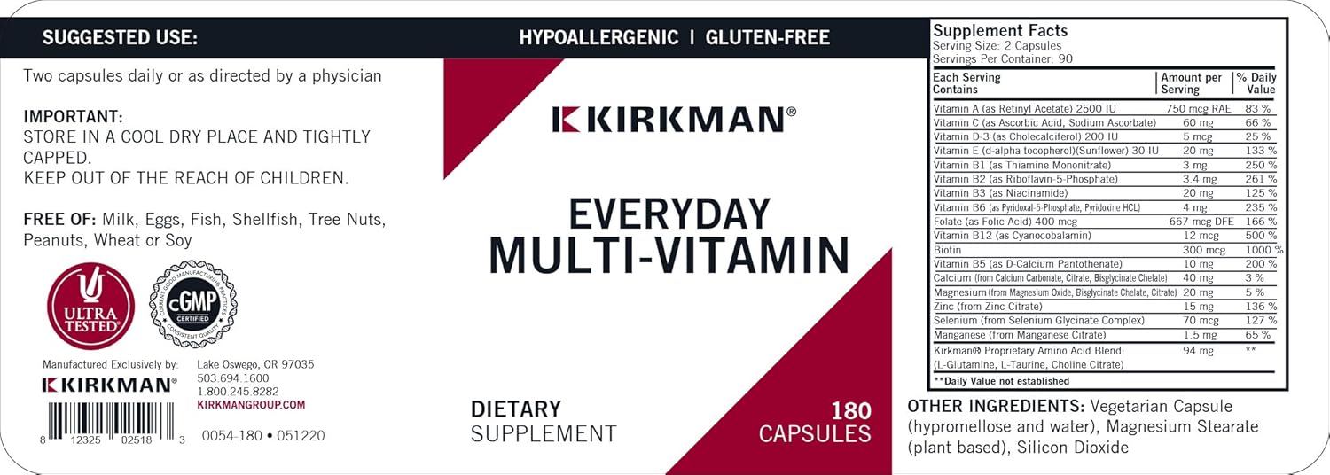 Kirkman - Everyday Multivitamin - 180 Capsules - Broad-Spectrum Vitamin & Mineral - Supports Productivity - Hypoallergenic