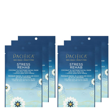 Pacifica Beauty, Stress Rehab Coconut & Caffeine Face Mask, Sheet Mask, De-Stress, Reduce Puffiness & Redness, For All Skin Types, Vegan, 6PK