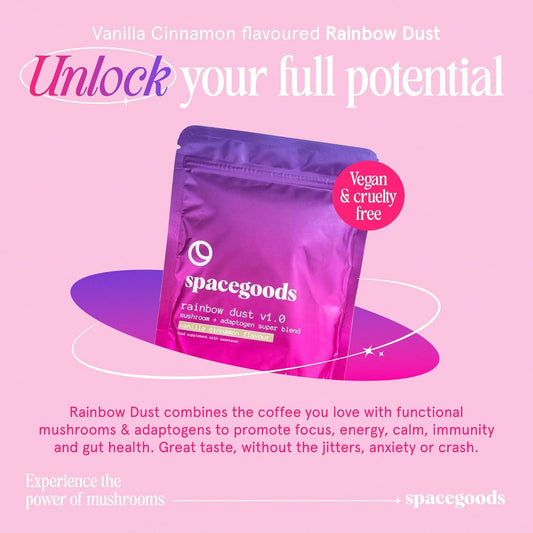 Spacegoods Rainbow Dust 6 Pack 240G | 180 Days Supply | Flavoured Mushroom Coffee | 80Mg Of Natural Caffeine | Lions Mane, Chaga, Ashwagandha & Vitamin B5 | Focus, Energy & Calm | Vanilla & Cinnamon