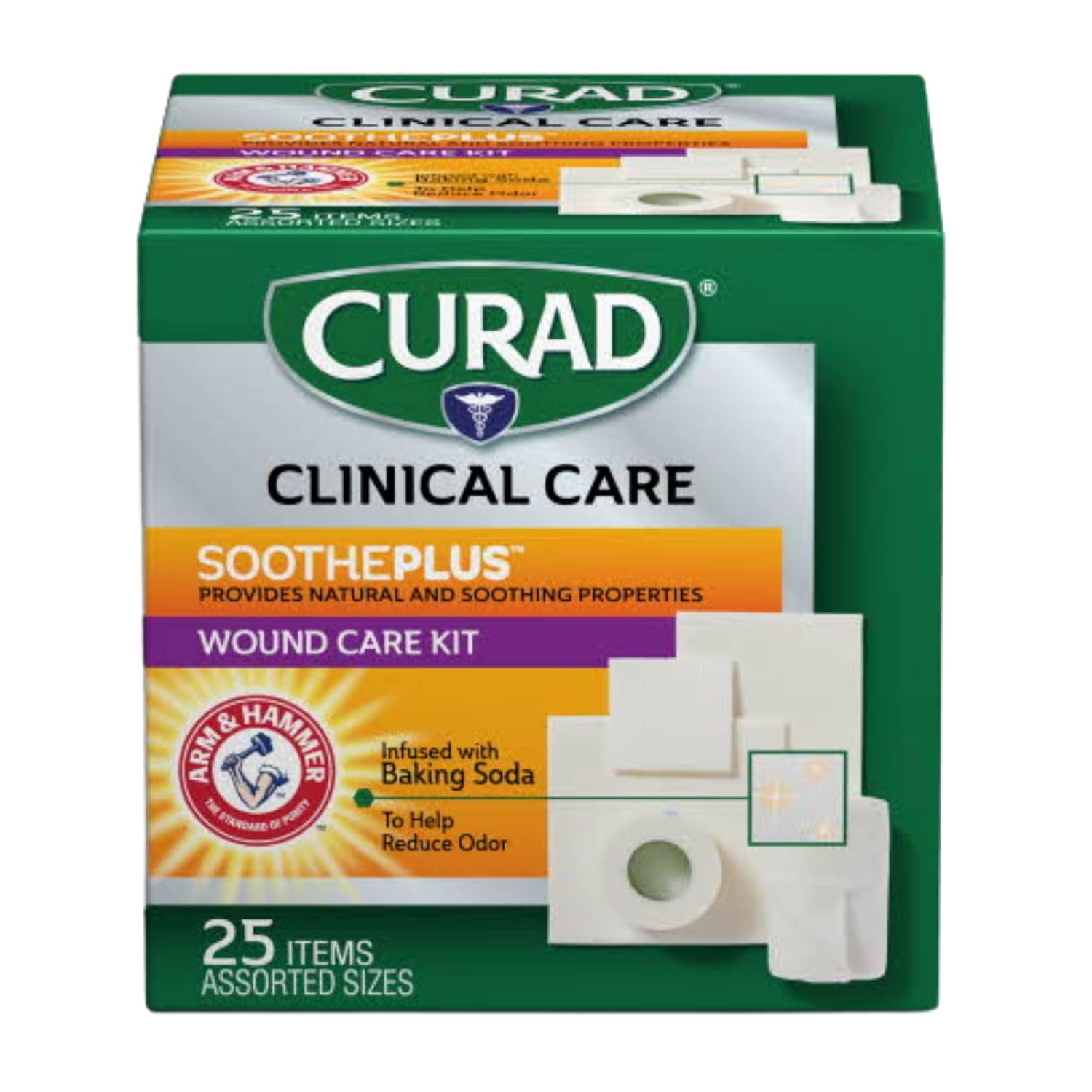 Curad Sootheplus Wound Care Kit With Arm & Hammer Baking Soda, Assorted Pack Of Gauzes And Tape, 25 Count