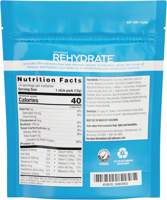 Advocare Rehydrate Electrolyte Drink Mix - Electrolytes Powder Packets - Drink Mix Packets - Essential Amino Acids Supplement - Powdered Drink Mix For Water - Berry Lemon Ice - 14 Hydration Packets