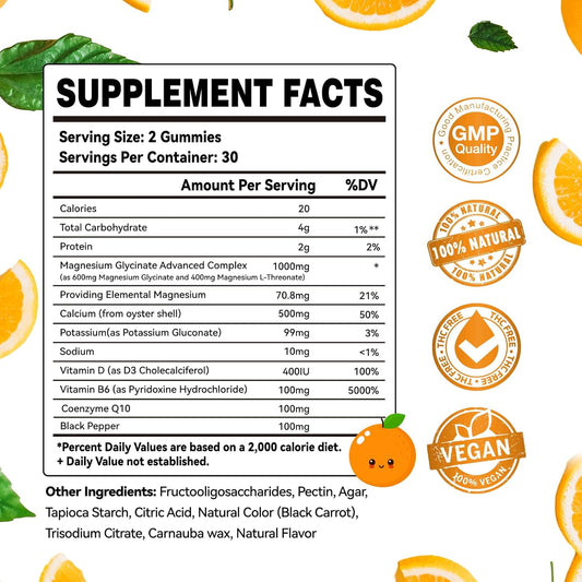 Magnesium Glycinate Gummies 1000Mg - Sugar Free Magnesium Potassium Supplement With Vitamin D, B6, Coq10 For Calm Mood & Sleep Support - 120 Orange Gummies