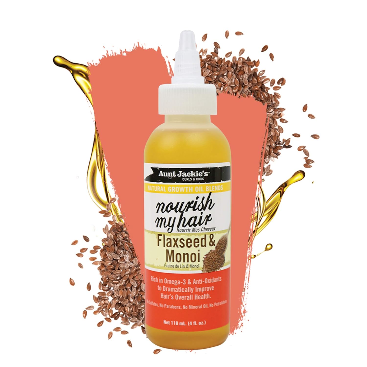 Aunt Jackie's Natural Growth Oil Blends Nourish My Hair - Flaxseed and Monoi, Improve Hair's Overall Health, Rich in Omega-3 and Anti-Oxidants, 4 oz : Beauty & Personal Care