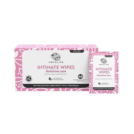 Personal Wipes for Feminine Care, Single Use To Go, Plant-Based, 1 pack of 40 Single-Use Cleansing Wipes, Large size 7.1” x 7.5” Biodegradable wipes formulated with Plant-derived ingredients