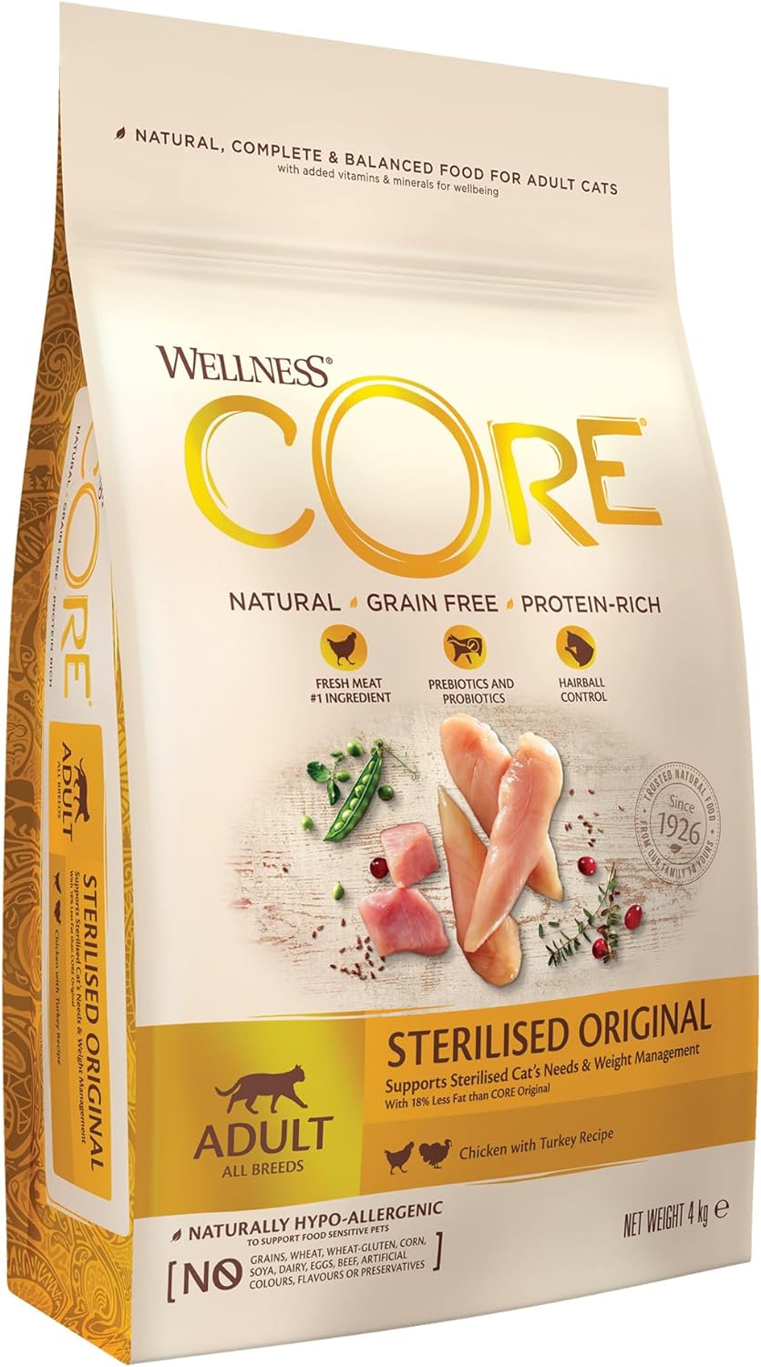 Wellness CORE Adult Original, Dry Cat Food, Grain Free Cat Food Dry, High Meat Content, Turkey & Chicken, 4 kg?10832