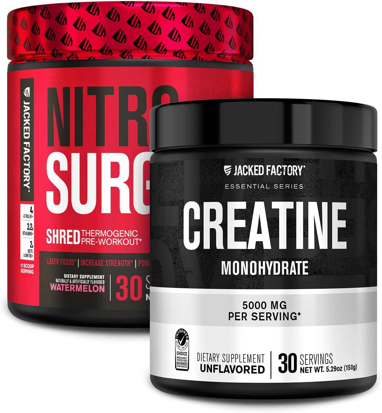 Jacked Factory Nitrosurge Shred Pre Workout Supplement (Watermelon, 30 Servings) & Creatine Monohydrate Powder (Unflavored, 30 Servings)