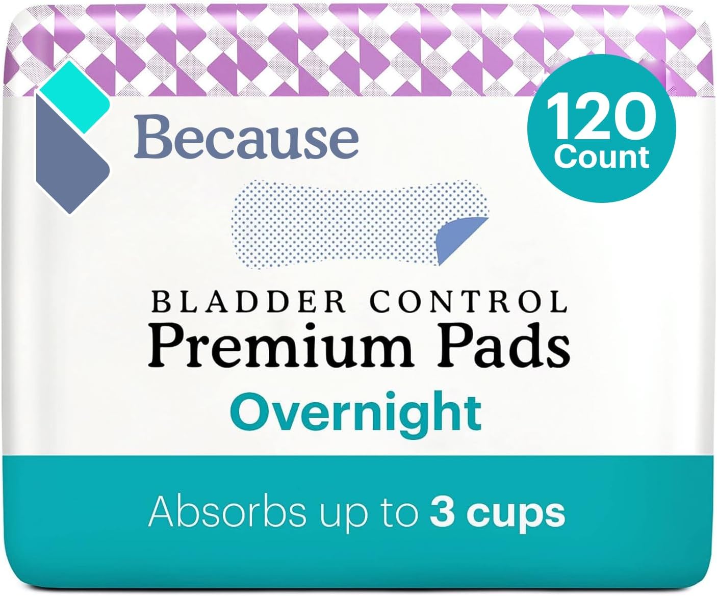 Because Incontinence Pads For Women - Extra Heavy Absorbency, Overnight Postpartum Incontinence Pads, Overnight Leak-Free Protection, 6 Packs Of 20 Pads (120 Total)