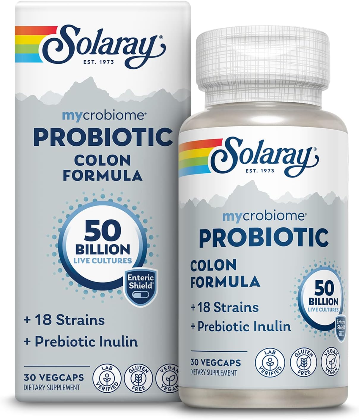 Solaray Mycrobiome Probiotic Colon Formula, Vegan, Digestive Function, Colon Health, And Immune System Support, 50 Billion Cfu, 18 Strains, Prebiotic Inulin, 60-Day Guarantee, 30 Servings, 30 Vegcaps