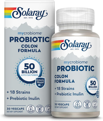 Solaray Mycrobiome Probiotic Colon Formula, Vegan, Digestive Function, Colon Health, And Immune System Support, 50 Billion Cfu, 18 Strains, Prebiotic Inulin, 60-Day Guarantee, 30 Servings, 30 Vegcaps