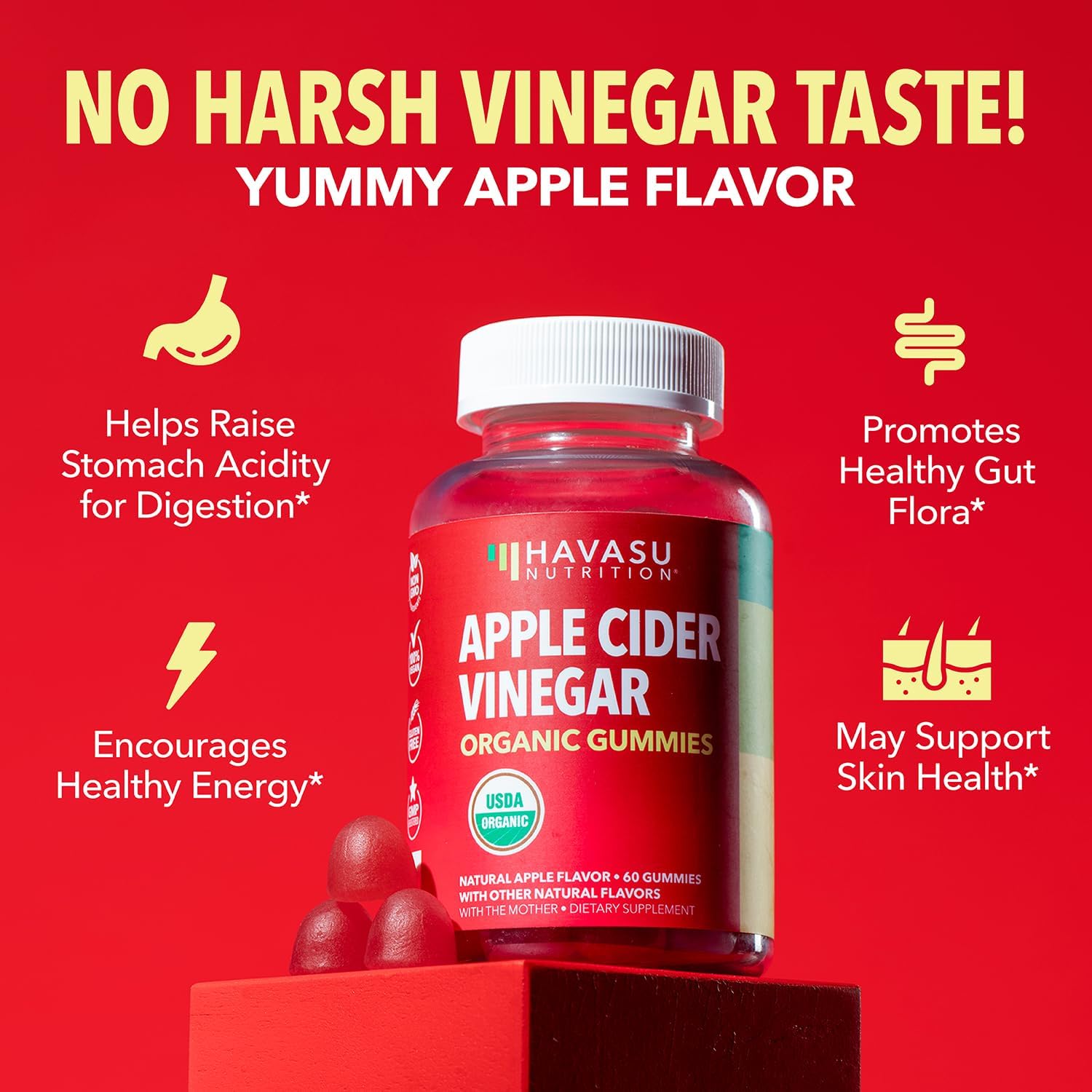 Organic Apple Cider Vinegar Gummies | ACV Gummies to Support Digestive Health and Gut Flora for Digestion | Natural Apple Flavor | 120 Organic, Vegan, and Non-GMO Apple Cider Vinegar Gummies : Health & Household