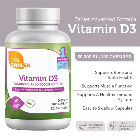 Zahler - Advanced Vitamin D3 50000 Iu Softgels (120 Count) Kosher Vegetarian Friendly Vitamin D For Immune Support, Bone, Teeth & Muscle Health - Weekly D3 Vitamin Supplement- Easy Swallow Vit D 3