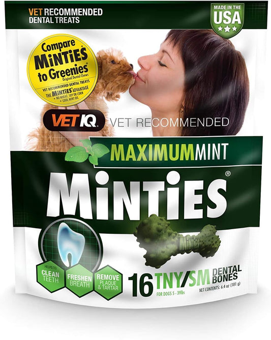 VetIQ Minties Dog Dental Bone Treats, Dental Chews for Dogs, (Perfect for Tiny / Small Dogs under 40 lbs), 60 Treats