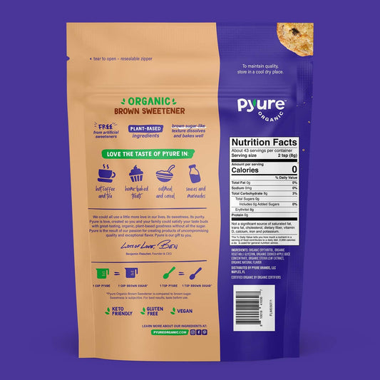 Pyure Organic Brown Sweetener | Brown Sugar Substitute | Zero Carb, Zero Sugar, Zero Calorie | Measures and Bakes Like Brown Sugar | Plant-Based for Keto Friendly Food | 12 Oz