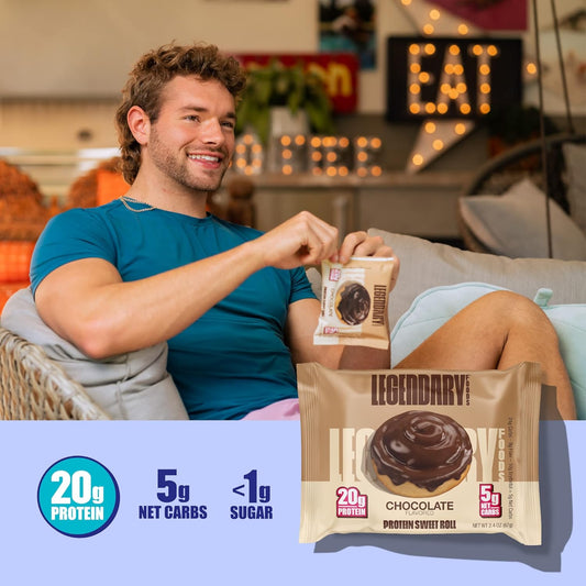 Legendary Foods High Protein Snack - Chocolate Sweet Roll, 20 Gr Protein Bar Alternative, Low Carb Food, Low Sugar - Gluten Free Keto Breakfast Snacks, Healthy Chocolate Flavored Rolls (10-Pack)