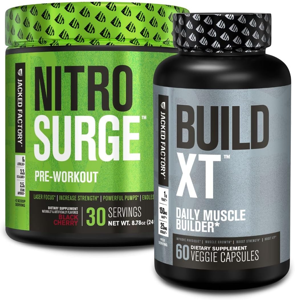 Jacked Factory Nitrosurge Pre-Workout In Black Cherry & Build Xt Muscle Building Bundle For Men & Women