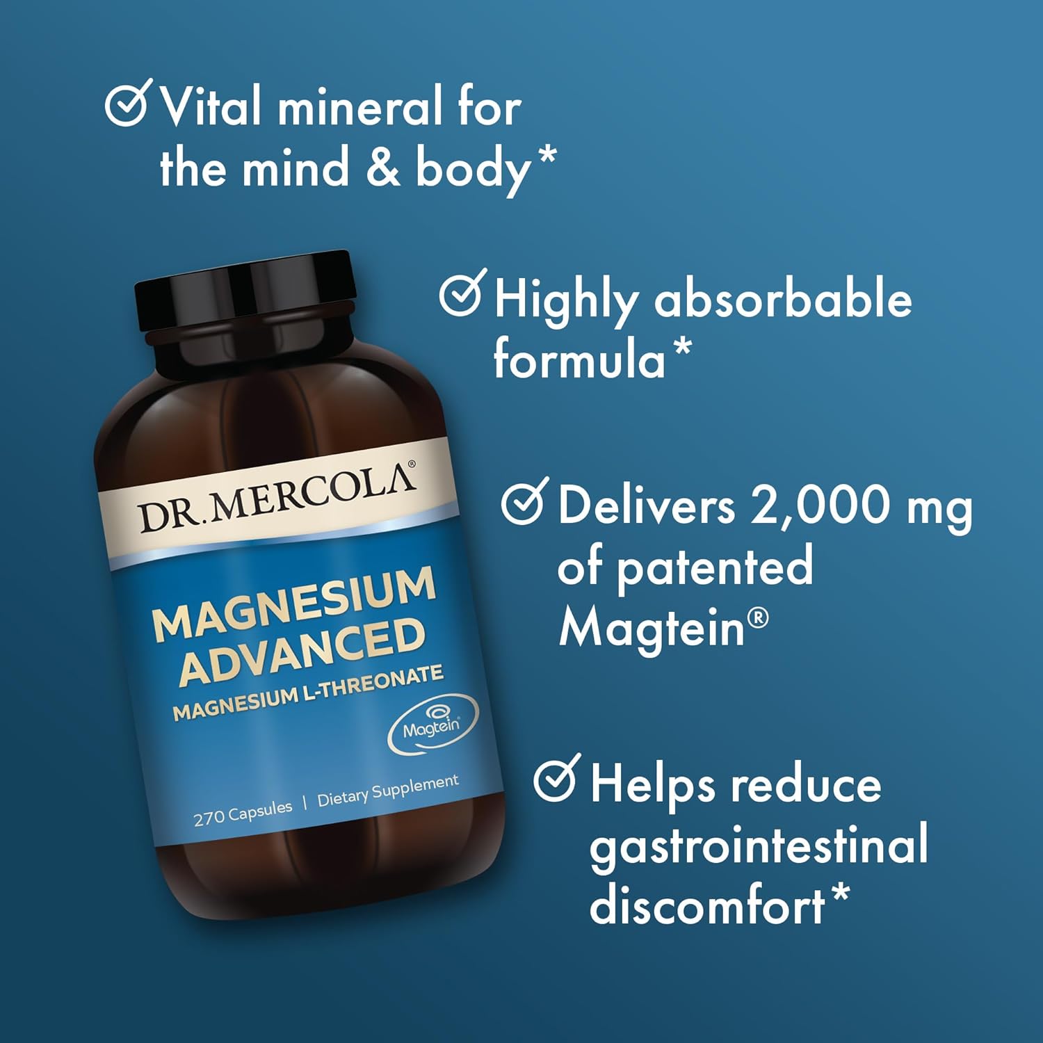 Dr. Mercola Magnesium Advanced, 90 Servings (270 Capsules), Dietary Supplement, Magnesium L-Threonate, Non-GMO : Health & Household