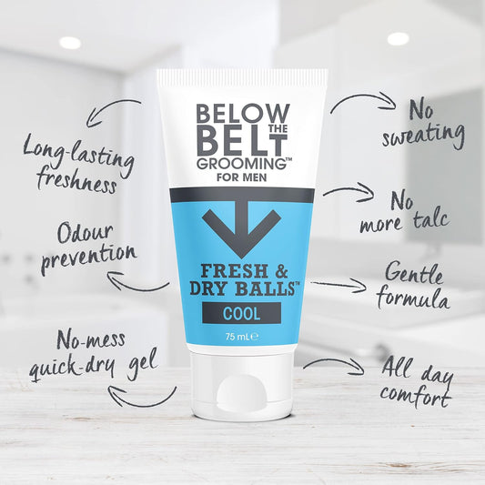 Below The Belt Grooming Fresh & Dry Ball, Intimate Deodorant And Anti Chafing Cream For Men, Protects Against Sweat, Odour And Chafing, Fresh Scent 3 X 75Ml