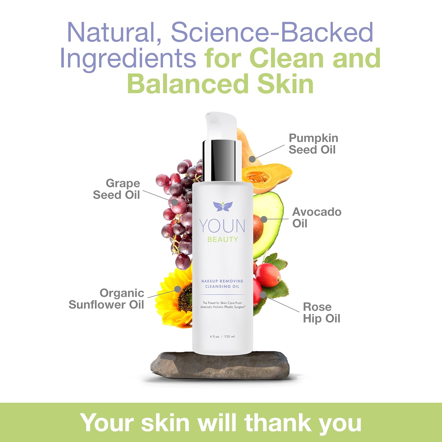Youn Beauty Makeup Removing Cleansing Oil By Holisitic Plastic Surgeon Dr. Anthony Youn | Hydrating Cleanser With Grape Seed, Sunflower & Rose Hip Oils | For All Skin Types, 120 Ml