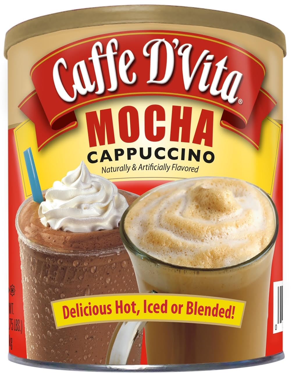 Caffe D'Vita Mocha Cappuccino Mix - Mocha Powder Mix, Instant Cappuccino Mix, Gluten Free, No Cholesterol, No Hydrogenated Oils, No Trans Fat, 99% Caffeine Free, Mocha Mix - - 60 Oz