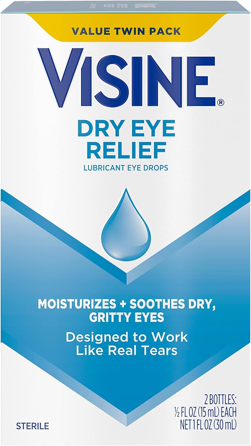 Visine Dry Eye Relief Lubricant Eye Drops to Moisturize and Soothe Irritated, Gritty and Dry Eyes, Designed to Work Like Real Tears, Polyethylene Glycol 400, Twin Pack, 2 x 0.5 fl. oz : Health & Household