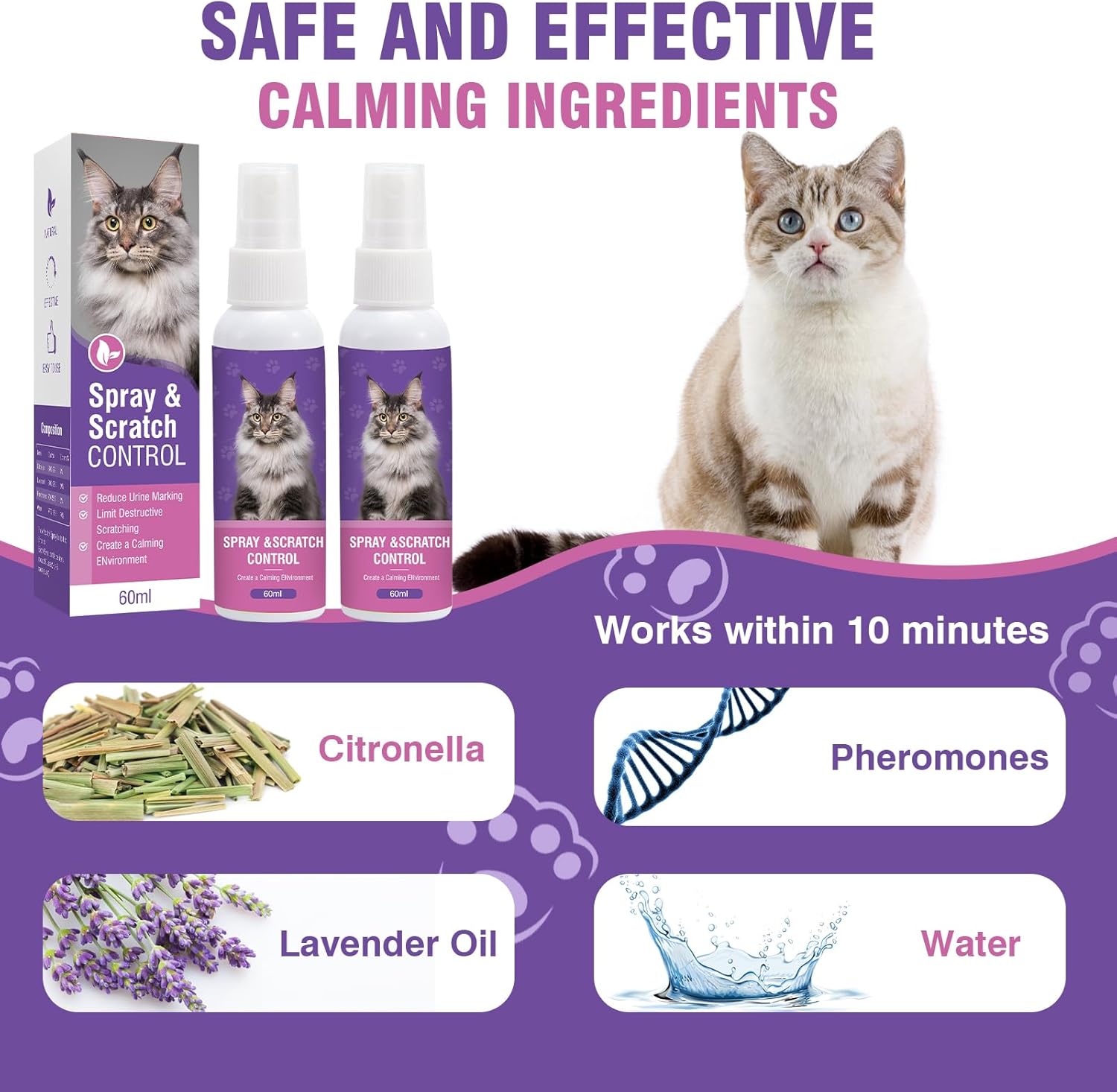 Cat Calming Spray 2Pack Cat Pheromone Spray - Quickly Relieve Stress Reduces Scratching Furniture Peeing Helps Relieve Scratching Marking Anxiety Supports Relief for Fireworks,Travel,Vet Visits 120ml : Pet Supplies