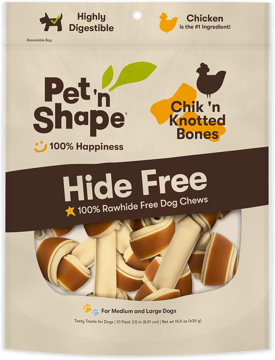 Pet 'N Shape Hide Free Chik 'N Knot Bones, 10 Count 15.5 Oz - Rawhide Free Dog Treats - No Hide Alternative Chew Treat For All Life Stages