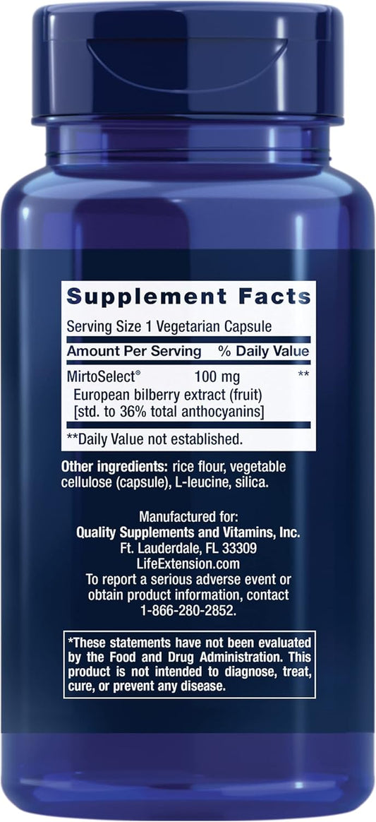 Life Extension Standardized European Bilberry Extract, 100 Mg, Mirtoselect® Vaccinium Myrtillus, Eye Health, Circulation, Lubrication, Gluten-Free, Non-Gmo, Vegetarian, 90 Capsules
