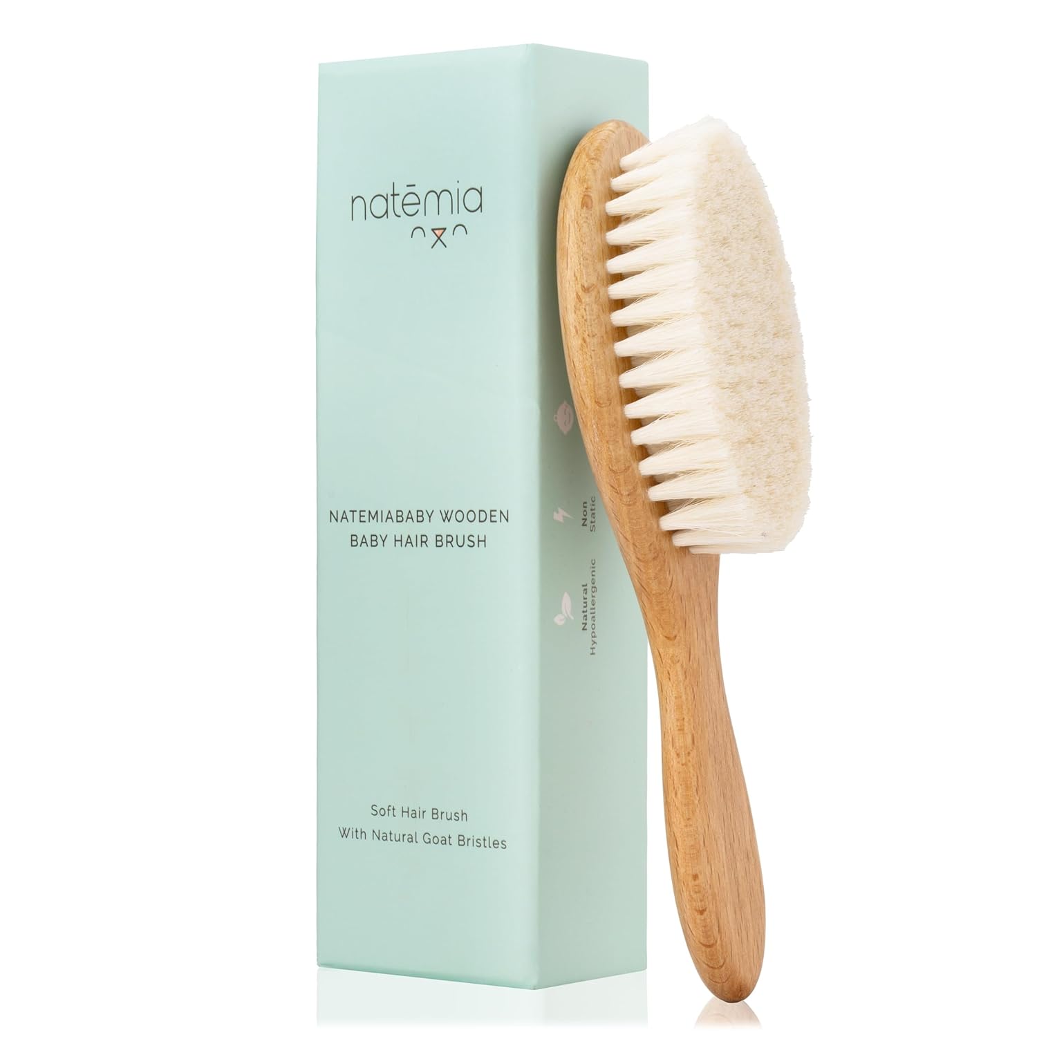 Natemia Soft Bristle Baby Hair Brush - Wooden Toddler & Newborn Grooming Cradle Cap Brush