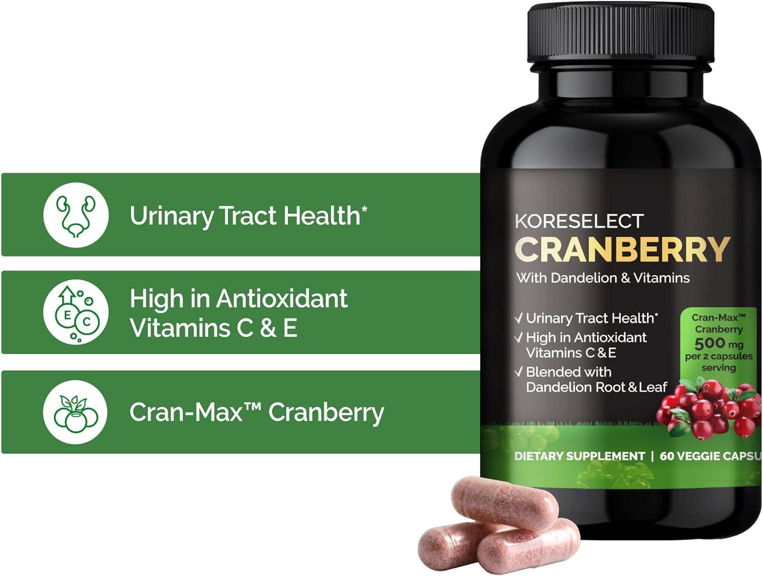 KORESELECT Cranberry 17,000mg with Dandelion & Vitamins, UTI Relief, Antioxidant Supplement, Immune Support, Bladder Health for Women & Men 60 Vegan Capsules : Health & Household