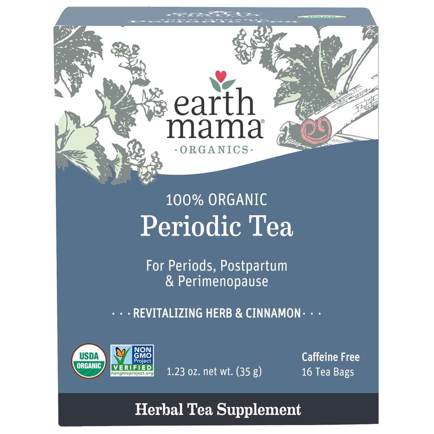 Earth Mama Organic Periodic Tea | 100% Organic Herbal Support For Periods, Postpartum & Perimenopause, 16 Teabags Per Box