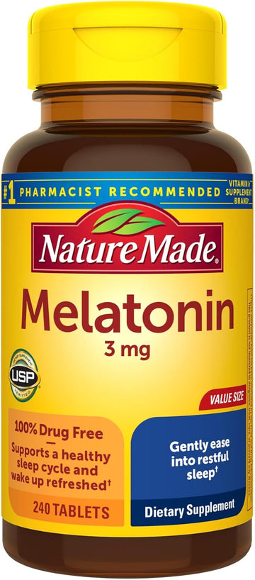Nature Made Melatonin 3Mg Tablets, 100% Drug Free Sleep Aid For Adults, 240 Tablets, 240 Day Supply