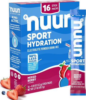 Nuun Sport Electrolyte Powder Packets - Mixed Berry Flavor | 5 Essential Electrolytes For Hydration | Easy Open Drink Mix With Magnesium | 1G Sugar | Non Gmo, Vegan | 16 Single Serving Sticks