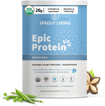 Sprout Living, Epic Protein, Plant Based Protein & Superfoods Powder, Original, Unflavored | Organic Protein Powder, Vegan, Non Dairy, Non-GMO, Gluten Free, Sugar Free, Perfect Keto Drink Mix (2 lb)