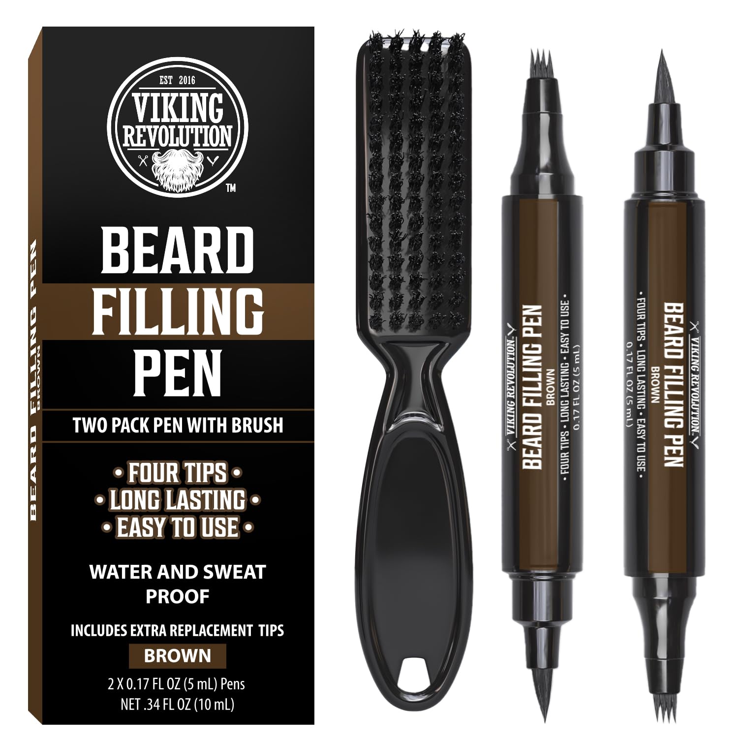 Viking Revolution Beard Pen (2 Pack) - Brown Beard Pencil Filler For Men Lapiz Para Barba De Hombre - Beard Filler For Men Waterproof Beard Filling Pen Kit - Long Lasting Beard Filler Pen With Brush