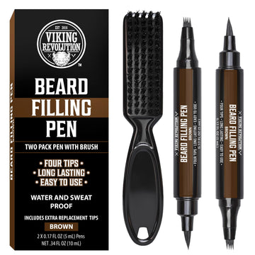 Viking Revolution Beard Pen (2 Pack) - Brown Beard Pencil Filler For Men Lapiz Para Barba De Hombre - Beard Filler For Men Waterproof Beard Filling Pen Kit - Long Lasting Beard Filler Pen With Brush