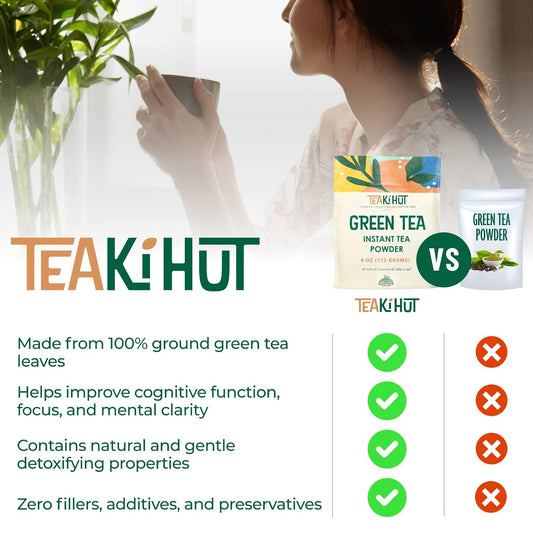 Teaki Hut Instant Green Tea Powder, Refreshing Unsweetened Drink Powder, Premium Green Tea Instant Powder For Beverages, Smoothies Or Baked Goods, Green Tea Detox, Great Hot Or Cold - 4 Oz