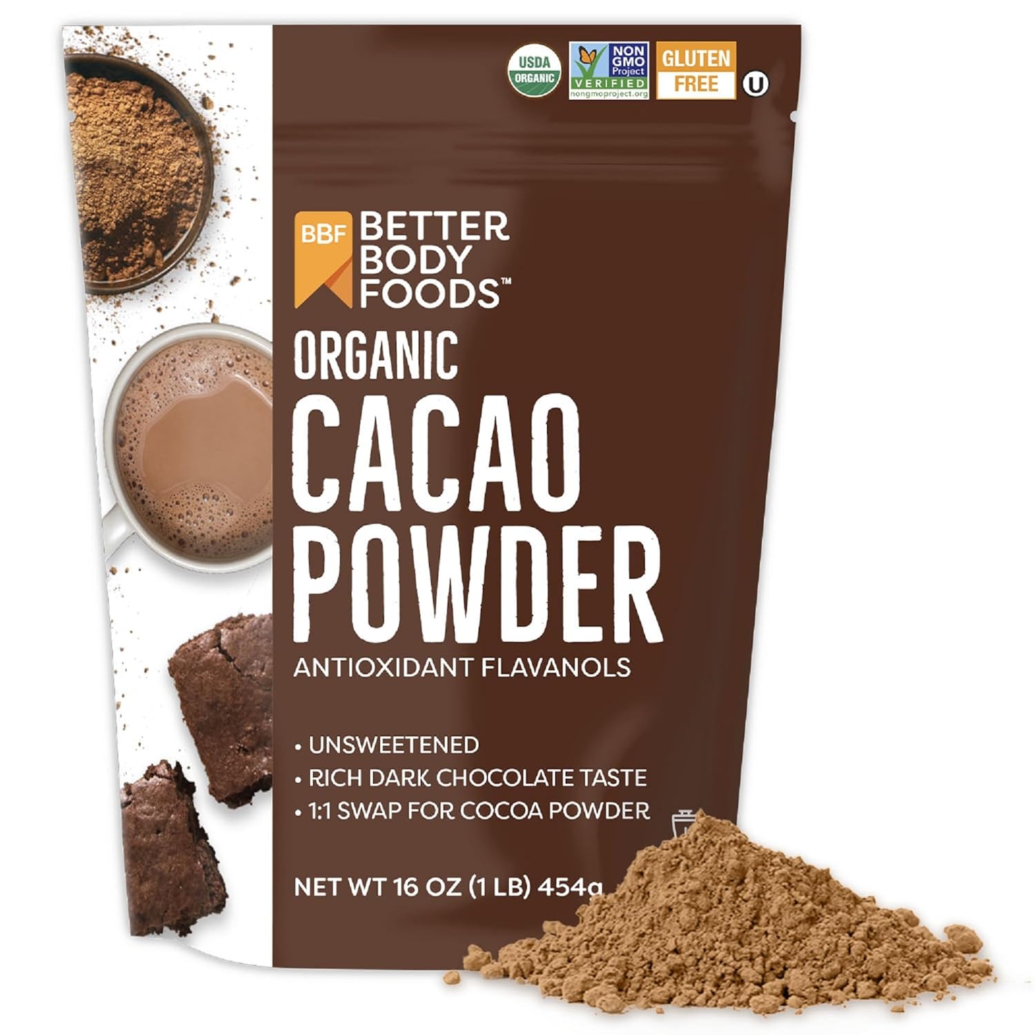Betterbody Foods Organic Cacao Powder, Rich Chocolate Flavor, Non-Gmo, Gluten-Free, 32 Ounce, 2 Lb Bag