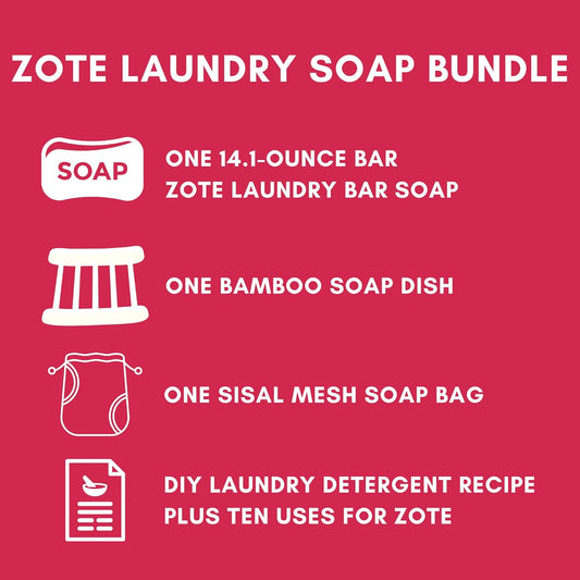 ZOTE Pink Laundry Detergent Bar Soap and Stain Remover Bundle by Foxtail Collective - Includes 1 (14-ounce) Zote Pink Laundry Bar, Soap Bamboo Soap Holder, Sisal Soap Bag, DIY Laundry Detergent Recipe
