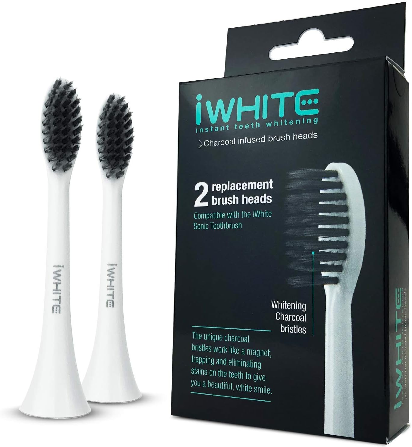Iwhite Replacement Toothbrush Heads Charcoal Infused - Electric Tooth Brush Heads For Iwhite Sonic Toothbrush - Activated Charcoal Infused Bristles For Plaque Removal & Instant Teeth Whitening, 2 Pack