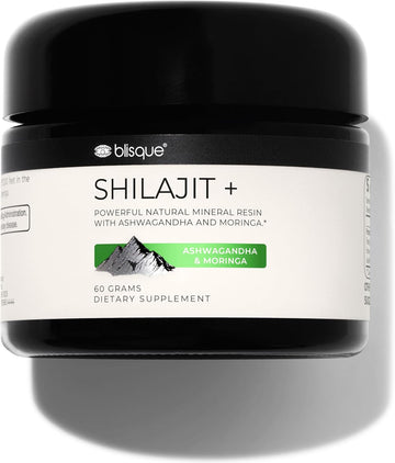 Blisque - Pure Himalayan Organic Shilajit Resin Supplement | With Organic Ashwagandha And Moringa | Authentic And Natural | Golden Grade A | Contains Fulvic Acid And Trace Minerals | 60 Grams