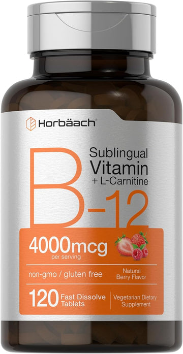 B-12 4000mcg + L-Carnitine | 120 Tablets | Vegetarian, Non-GMO & Gluten Free Sublingual Vitamin | by Horbaach