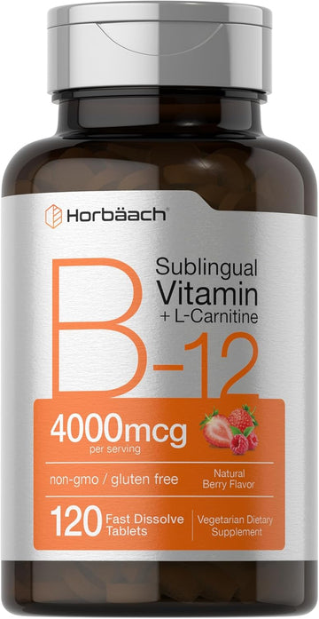 Horbäach B-12 4000mcg + L-Carnitine | 120 Tablets | Vegetarian, Non-GMO & Gluten Free Sublingual Vitamin