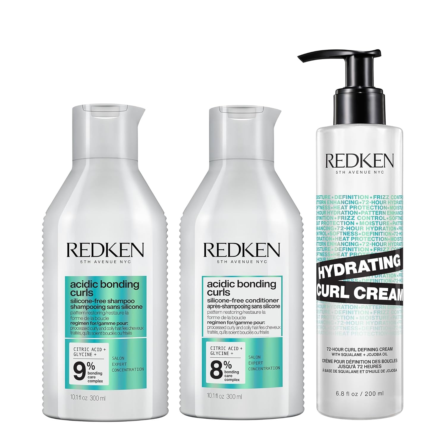 Redken Acidic Bonding Curls Shampoo, Conditioner & Hydrating Curl Cream Set | Curl Control + Definition | With Citric Acid, Avocado Oil, Shea Butter | Silicone-Free | For Coily And Curly Hair