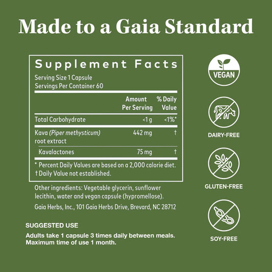 Gaia Herbs Kava Root - Helps Sustain A Sense Of Natural Calm And Relaxation* During Times Of Stress - Made With Noble Kava Cultivars - 60 Vegan Liquid Phyto-Capsules (20-Day Supply)