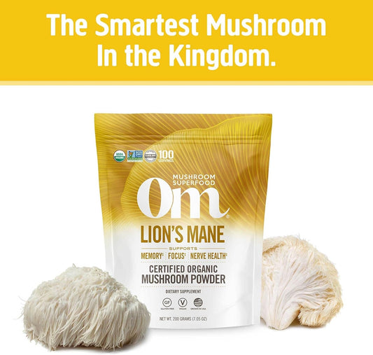 Om Mushroom Superfood Lion's Mane Organic Mushroom Powder, 7.05  Pouch, 100 Servings, Fruit Body and Mycelium Nootropic for Memory Support, Focus, Clarity, Nerve Health, Creativity and Mood