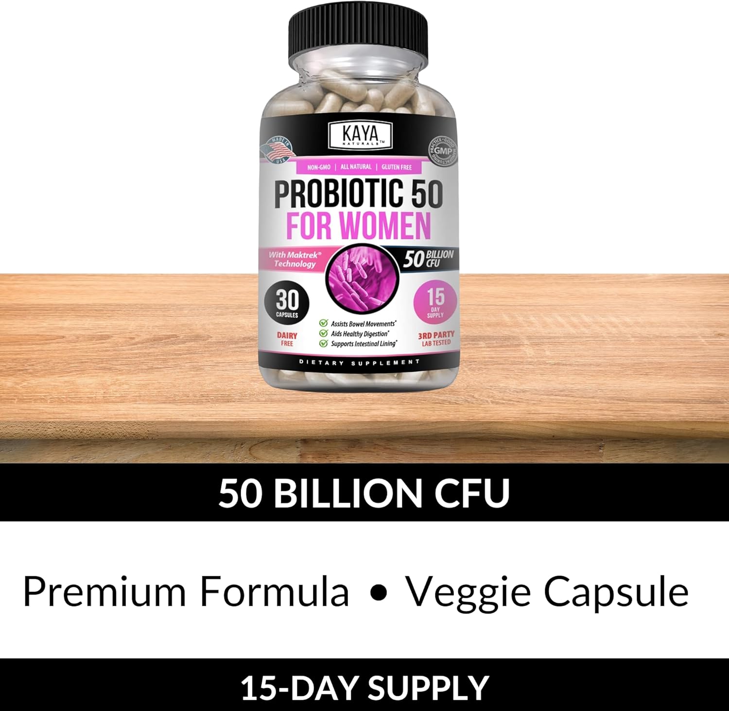 Kaya Naturals Probiotic 50 Billion CFU | Probiotics for Women, Probiotics for Men and Adults, Natural | Gut Health & Immune Support Supplement | Provides Digestive Support - 30 Vegetable Capsules : Health & Household