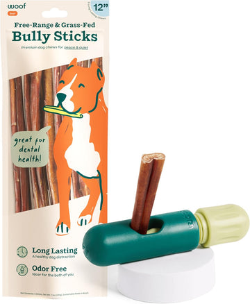 Woof Bullysafe And Bully Sticks - Nutritious Chew Sticks For Dogs And Bully Stick Holder For Safe, Long-Lasting Play - No More Swallowed Ends - 12" Sticks - 5 Pack