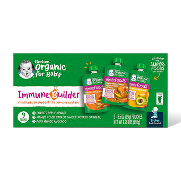 Gerber Organic For Baby 2Nd Foods Pouches Immune Builder Variety Pack (3) Carrot Apple Mango (3) Mango Peach Carrot Sweet Potato Oatmeal (3) Pear Mango Avocado 1.96Lb (9 Pack)