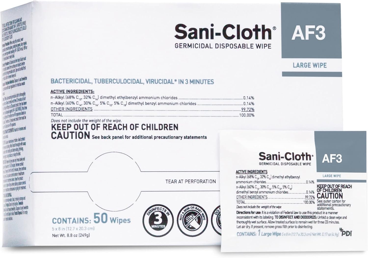 H59200 Sani-Cloth Af3 Wipes, Large Individual Packets, 5" X 8", Fragnance Free, White