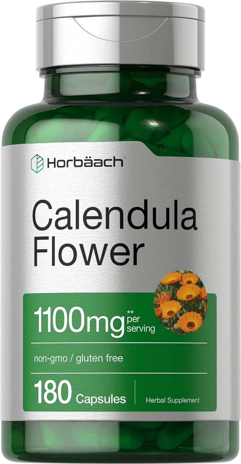 Horbäach Calendula Flower Capsules 1100mg | 180 Count | Marigold Extract | Non-GMO, Gluten Free Herbal Supplement